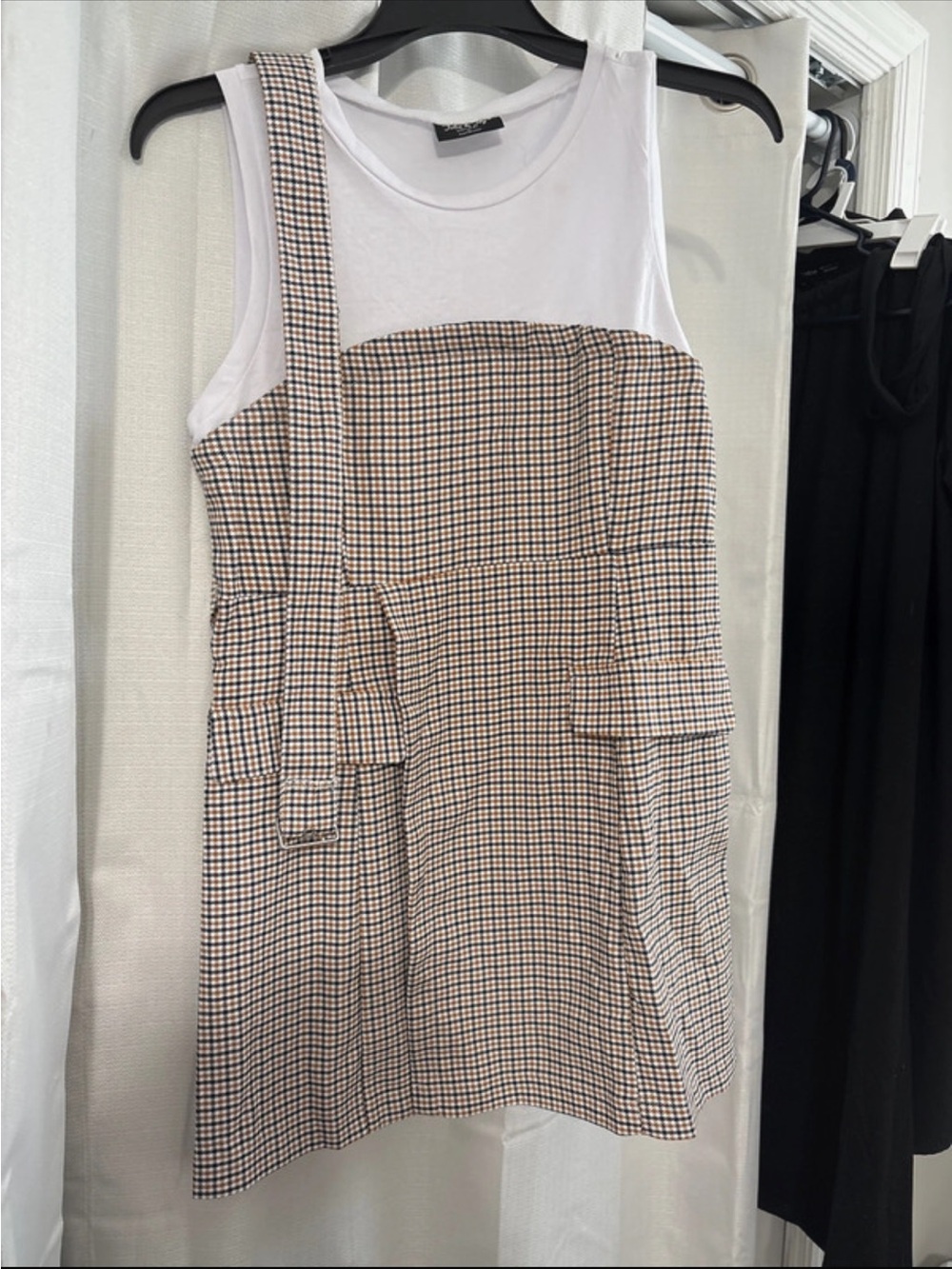 Unbranded One-Shoulder Checked Mini Dress with White Tank - Tan/Black